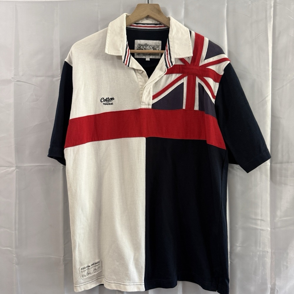 Cotton Traders Rugby Shirt Mens Large Navy Union Jack Flag Polo Rubber Buttons
